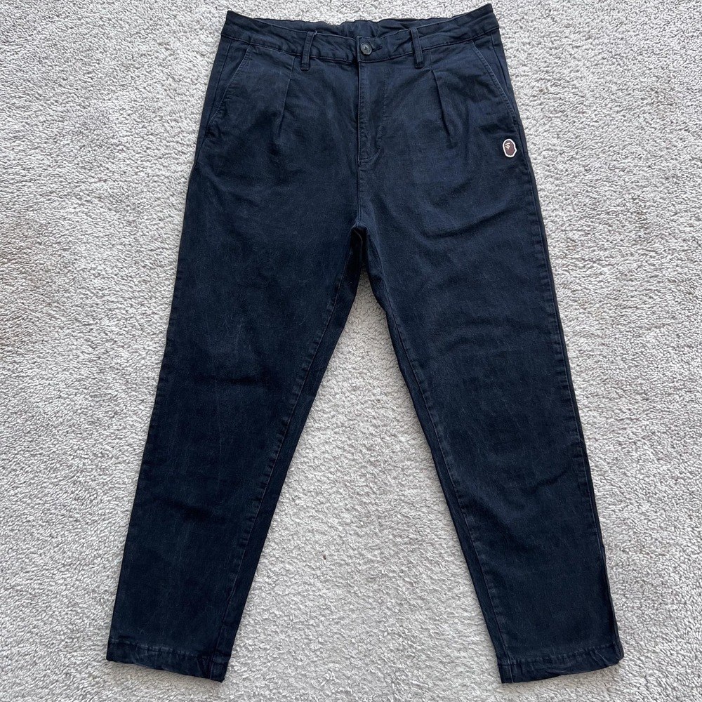A Bathing Ape Chino Pants Mens M 30x25 Black Pleated Tapered Fit Stretch Logo